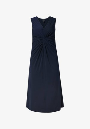 Mørkeblå ærmeløs kjole med V-hals, som har en snoet knudedetalje i taljen og en svævende skørt, lavet af en blød og strækbar stof.