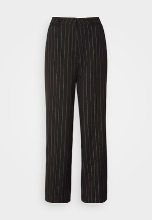 Svarte bukser med vertikale hvite striper, rett bendesign, og en glatt tekstur med en skreddersydd midje.