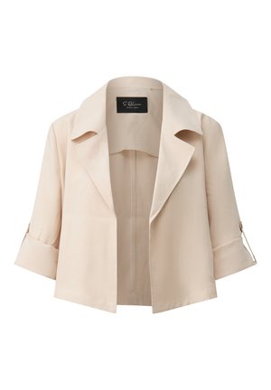 Beige cropped jas met brede revers, driekwart mouwen opgerold en vastgezet met knoopbandjes, open voorkant ontwerp.