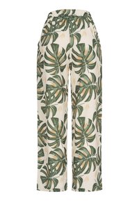 Pantalones ligeros de color crema con un patrón de hojas tropicales en verde y amarillo. Presentan una cintura elástica y piernas anchas y fluidas.