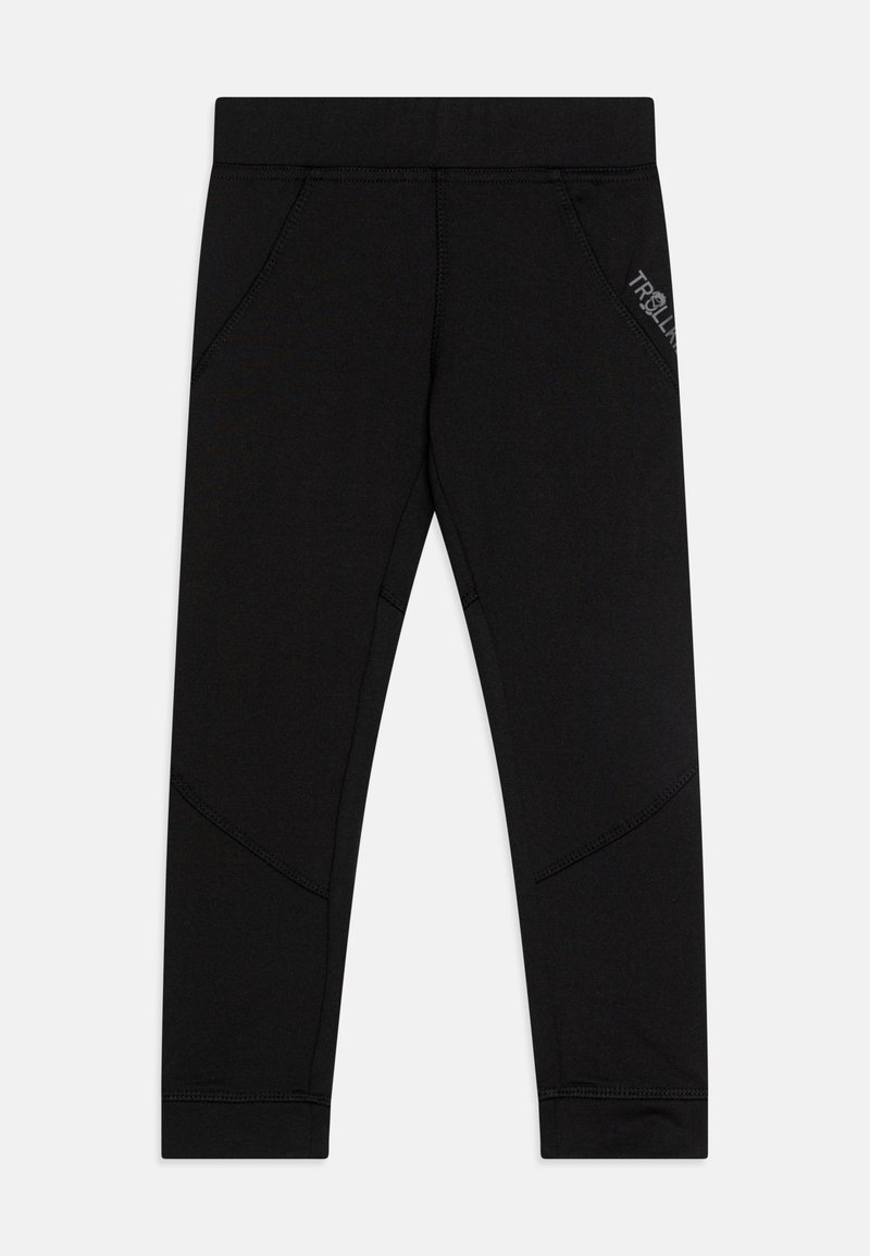 Black leggings with a smooth fabric, featuring side pockets and a subtle logo. The design includes stitched seams and a fitted shape.