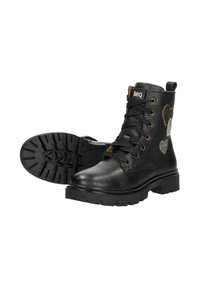 Zwarte leren enkelboots met een gestructureerd oppervlak, voorzien van hartpatronen en stevige rubberen zolen. Inclusief vetersluiting en een trekhaak aan de hiel.