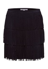 Mini-jupe en daim noir avec trois couches de franges et une ceinture unie.