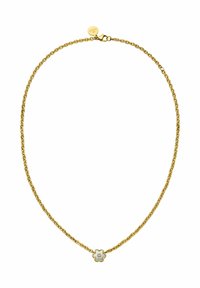 Gouden ketting met een klein bloemenhangertje met een witte kern. De ketting is gemaakt van aan elkaar gelinkte ovale vormen en is beveiligd met een kreeftsluiting.