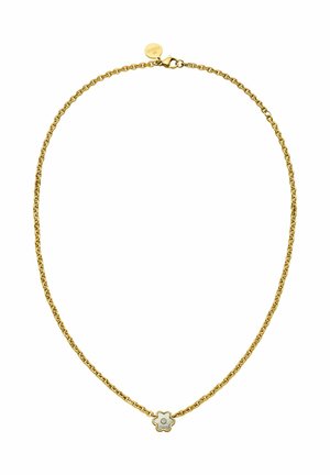 Goldene Halskette mit einem kleinen Blumenanhänger mit weißem Zentrum. Die Kette besteht aus miteinander verbundenen ovalen Formen und wird mit einem Karabinerverschluss gesichert.