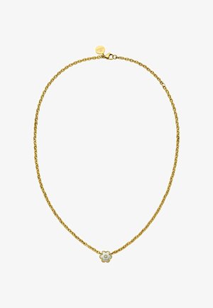 Goldene Halskette mit einem kleinen Blumenanhänger mit weißem Zentrum. Die Kette besteht aus miteinander verbundenen ovalen Formen und wird mit einem Karabinerverschluss gesichert.
