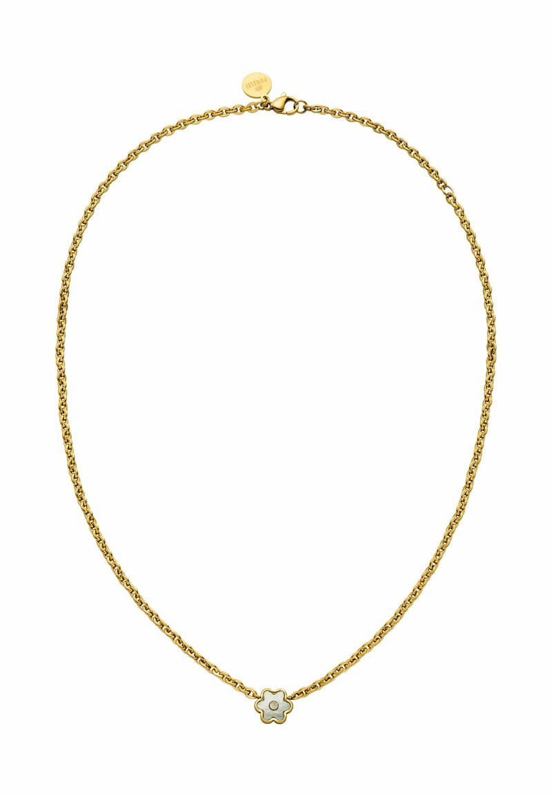 Goldene Halskette mit einem kleinen Blumenanhänger mit weißem Zentrum. Die Kette besteht aus miteinander verbundenen ovalen Formen und wird mit einem Karabinerverschluss gesichert.