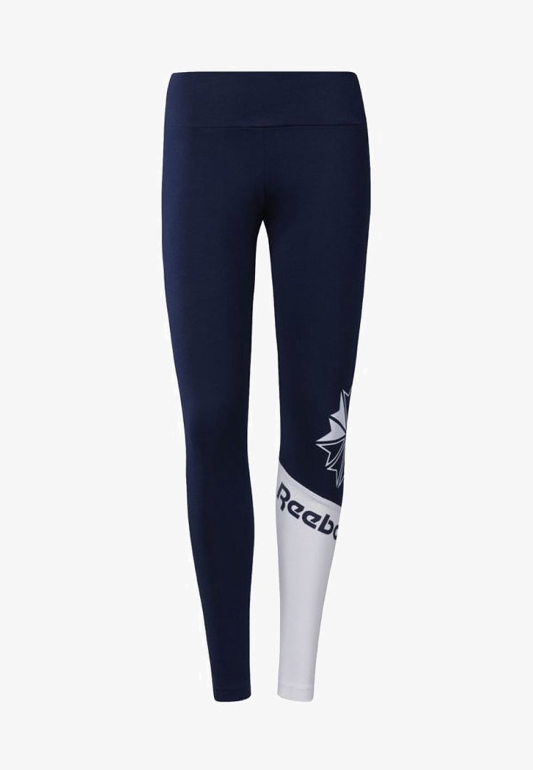 Navyblå och vita leggings i stretchig fabric, med hög midja, logotyp och dekorativ grafik på underbenet.