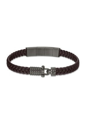 Black braided leather bracelet featuring a streamlined metal clasp and textured accent. The design is simple yet bold, with a matte finish.