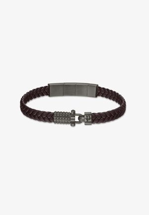 Schwarzes geflochtenes Lederarmband mit einem schlanken metallischen Verschluss und strukturiertem Akzent. Das Design ist einfach, aber markant, mit einer matten Oberfläche.