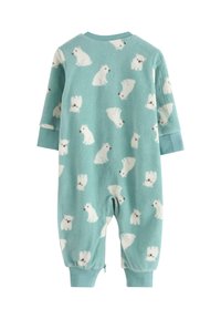Fleece baby onesie i teal med hvide isbjørnemønstre. Har lange ærmer, ribkanter og en lynlås for nem påklædning.