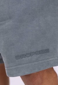 Lys grå atletiske shorts lavet af blødt stof, med en struktureret overflade og et ophævet "DROPSIZE" logo langs kanten.
