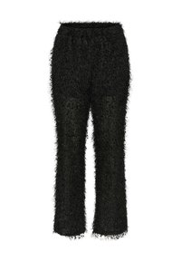 Pantalons noirs, texturés et duveteux avec une taille élastique et une coupe droite. Caractéristiques de fibres moelleuses ajoutant de la profondeur au tissu.