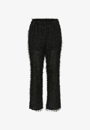 Fekete, textúrált, bolyhos nadrág rugalmas derékkal és egyenes szárú fazonnal. A szövethez mélységet adó bolyhos szálakat tartalmaz.