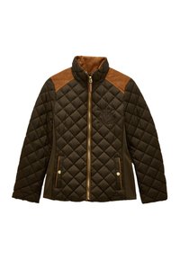 Quilted brown jacket with tan shoulder patches, front zipper, two snap-button pockets, and embroidered logo on the left chest.