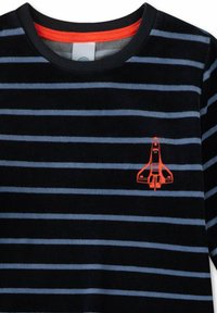 Gestreiftes Schwarz- und Blau langärmeliges Shirt mit rundem Halsausschnitt und einem gestickten orangefarbenen Raketenmotiv auf der Brust. Weiche Materialbeschaffenheit.