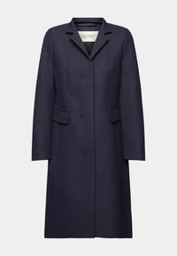 Cappotto lungo in lana blu navy con colletto a risvolto, bottoni frontali nascosti, maniche lunghe e tasche a filetto in vita.