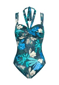 Ba�ño de una pieza en verde azulado oscuro con grandes patrones florales en azul y blanco, cuerpo fruncido, tirantes finos y diseño con lazada en la espalda.