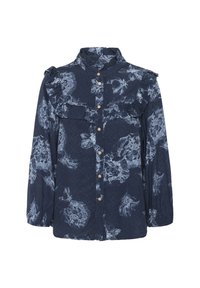 Marinblus med vit blommönster, volangdetaljer vid axlarna, långa ärmar och knäppning fram. Tillverkad i lättviktsmaterial.