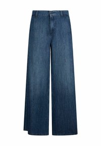 Tumesinised laia säärega teksapüksid vertikaalsete augujoonistega, nööpkinnitus ja vööaasad.