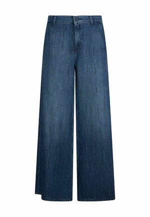 Jeans denim blu scuro a gamba larga con dettagli di perforazioni a linee verticali, chiusura con bottoni e passanti per cintura.