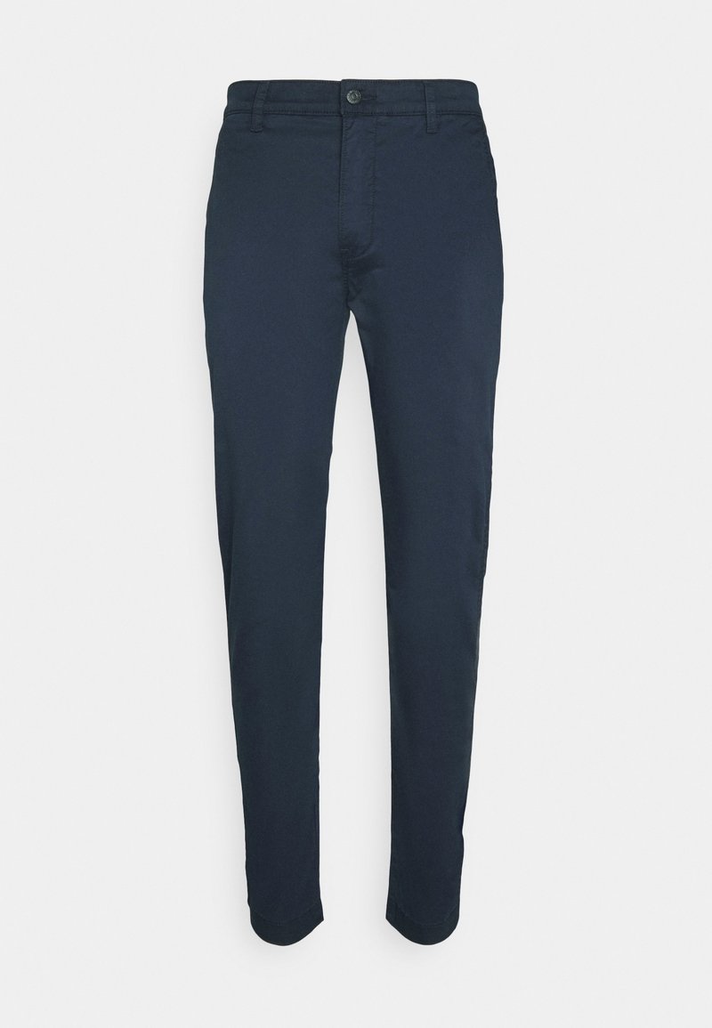 Chinos navy avec une coupe slim, en tissu tissé, dotés d'une fermeture à glissière avec bouton, de passants de ceinture et d'un design à cinq poches standard.