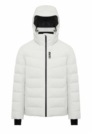 Weiße Daunenjacke mit Kapuze, vorderem Reißverschluss und schwarzen Akzenten. Gesteppte Textur mit einem Logo auf der Brust und enganliegende Ärmel mit Bündchen.