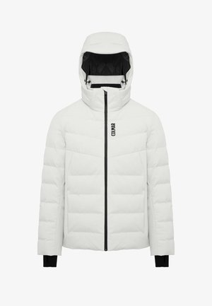 Chaqueta acolchada blanca con capucha, cremallera frontal y detalles en negro. Textura acolchada con un logo en el pecho y mangas ajustadas con puños.