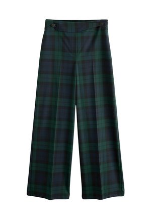 Weite Hose in dunkelgrün und schwarzem Karomuster. Mit einer taillierten Taille, zwei Knöpfen und einer glatten, gewebten Struktur.