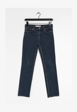 Dark blue denim jeans with a straight fit, featuring copper hardware, five pockets, and visible stitching along the seams.