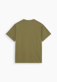 T-shirt uni vert olive à manches courtes, vu de dos, avec un col rond, sur fond blanc.