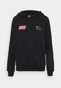 Svart huoodtröja med ficka fram, med rosa Nike-logotyper och rutmönster på bröstet. Mjukt textilmaterial.
