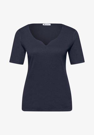 Marineblauw damesshirt met korte mouwen, een subtiele V-vormige uitsnijding bij de hals, een aansluitende pasvorm en een gladde stoftextuur.