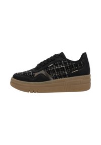 Black athletic sneakers with textured fabric and a woven pattern, featuring a sturdy rubber sole and lace-up design. Brown accents on sole.