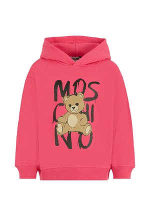 Różowa bluza z kapturem z grafiką misia i wyraźnym napisem "MOSCHINO", wykonana z miękkiej bawełny z prążkowanymi mankietami i dołem.