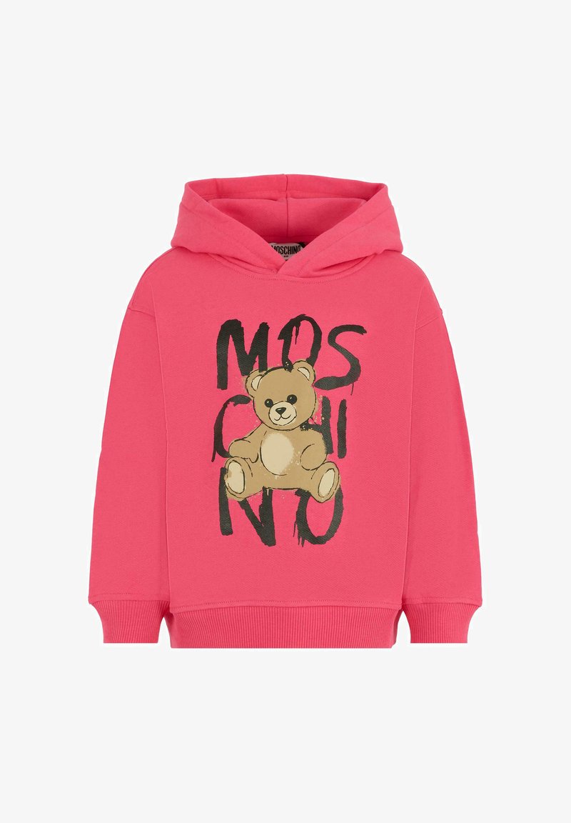 Felpa rosa con grafica di un orsetto e il testo audace "MOSCHINO", realizzata in morbido cotone con polsini e orlo a coste.
