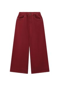 Pantalons à large jambe en coton de couleur rouge foncé. Dotés de deux poches avant, d'un bouton à l'avant et d'une taille élastique pour plus de confort.
