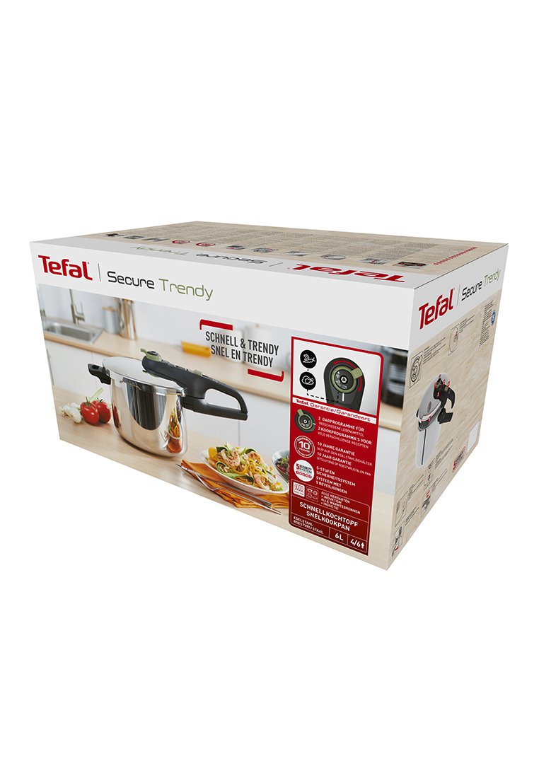 Boîte d'autocuiseur Tefal Secure Trendy, casserole en métal argenté avec poignée noire, texte promotionnel, accents rouges et illustrations de nourriture.