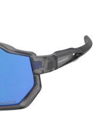 Solbriller med en grå plastikramme og blå spejlglas, der har en oktagonal form og indgraveret tekst "ENDURANCE" på siden.