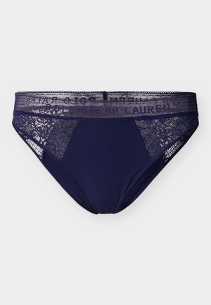 Culotte bikini en dentelle marine avec taille transparente ornée du logo "Polo Ralph Lauren" dans la même teinte marine.