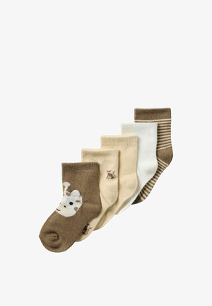 Fünf Paar Babysocken in Braun- und Cremetönen, mit einem Giraffengesicht, kleinen Tiermotiven, einfarbig und gestreift gestaltet.