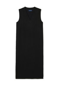 Schwarzes ärmelloses Kleid mit V-Ausschnitt und geradem Schnitt, aus weichem Stoff. Minimalistisches Design ohne Muster oder zusätzliche Details.