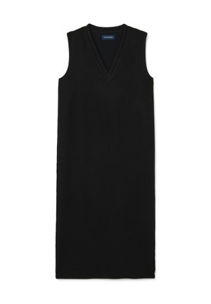 Black sleeveless dress with a V-neck and straight shape, made of soft fabric. Minimalist design with no patterns or additional details.