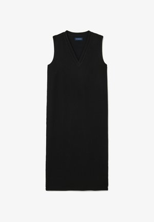 Black sleeveless dress with a V-neck and straight shape, made of soft fabric. Minimalist design with no patterns or additional details.
