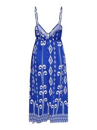 Robe midi bleue sans manches avec motifs géométriques et floraux verticaux blancs, bretelles spaghetti et décolleté en V.