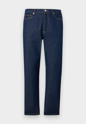 Suorat tummansiniset farkut, joissa on etu- ja takataskut, vyölenkit ja napillinen suljenta vyötäröllä.