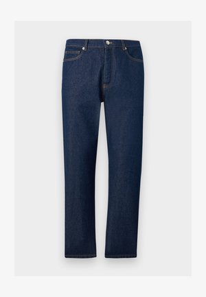 Suorat tummansiniset farkut, joissa on etu- ja takataskut, vyölenkit ja napillinen suljenta vyötäröllä.