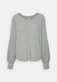 Light gray pullover sweater, textured fabric, loose fit, wide neckline, and puffed long sleeves. Subtle logo detail at the hem.