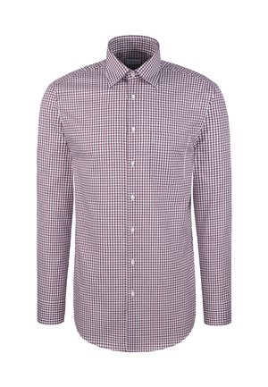 Koszula z długim rękawem z guziczkami w wzór w kratę w kolorze bordowym i białym, z kieszonką na piersi, prezentowana na białym tle.