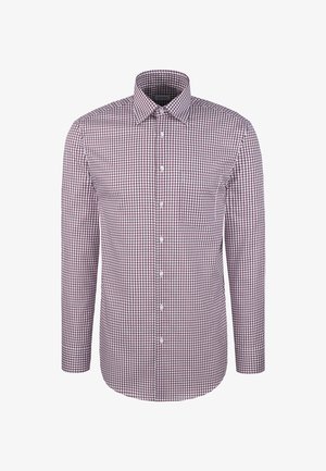 Koszula z długim rękawem z guziczkami w wzór w kratę w kolorze bordowym i białym, z kieszonką na piersi, prezentowana na białym tle.